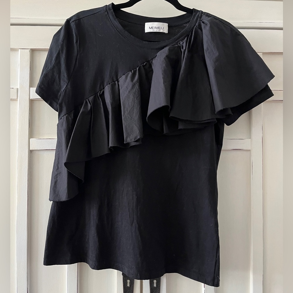 MEIMEIJ Women’s Top Blouse Black 100% Cotton Angled Ruffle T44 US 8
